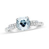 7.0mm Cushion-Cut Aquamarine and 1/10 CT. T.W. Diamond Scrolling Ribbon Side Accent Ring in Sterling Silver
