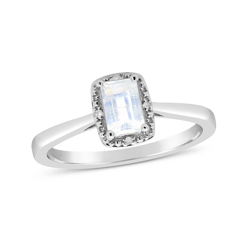 Emerald-Cut Moonstone and Diamond Accent Beaded Frame Ring in Sterling Silver