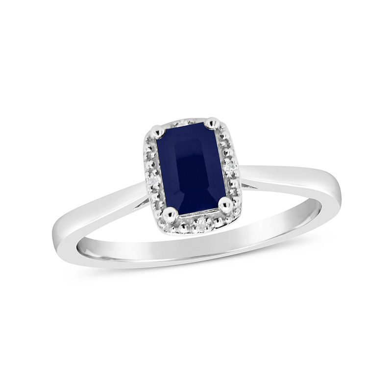 Emerald-Cut Blue Sapphire and Diamond Accent Beaded Frame Ring in Sterling Silver