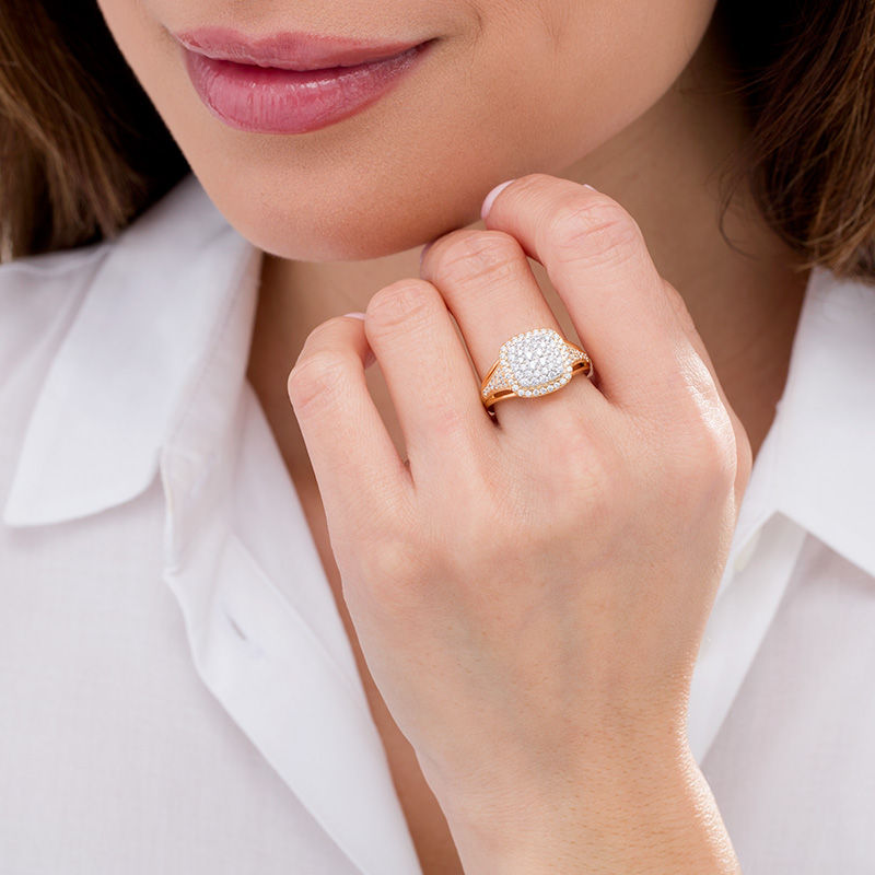 Main Image 2 of 3/4 CT. T.W. Composite Diamond Double Cushion Frame Vintage-Style Ring in 10K Gold