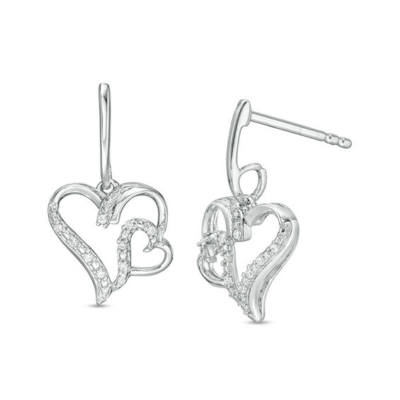 1/20 CT. T.w. Diamond Double Heart Drop Earrings in Sterling Silver