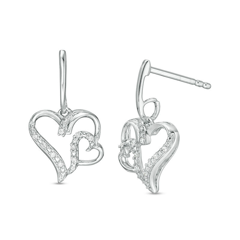 Main Image 1 of 1/20 CT. T.W. Diamond Double Heart Drop Earrings in Sterling Silver