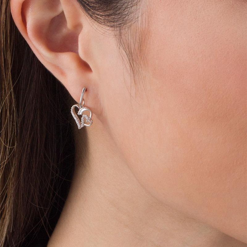 Main Image 2 of 1/20 CT. T.W. Diamond Double Heart Drop Earrings in Sterling Silver