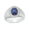 Thumbnail Image 0 of Men's Oval Lab-Created Star Blue Sapphire and 1/8 CT. T.W. Diamond Frame Signet Ring in 10K White Gold