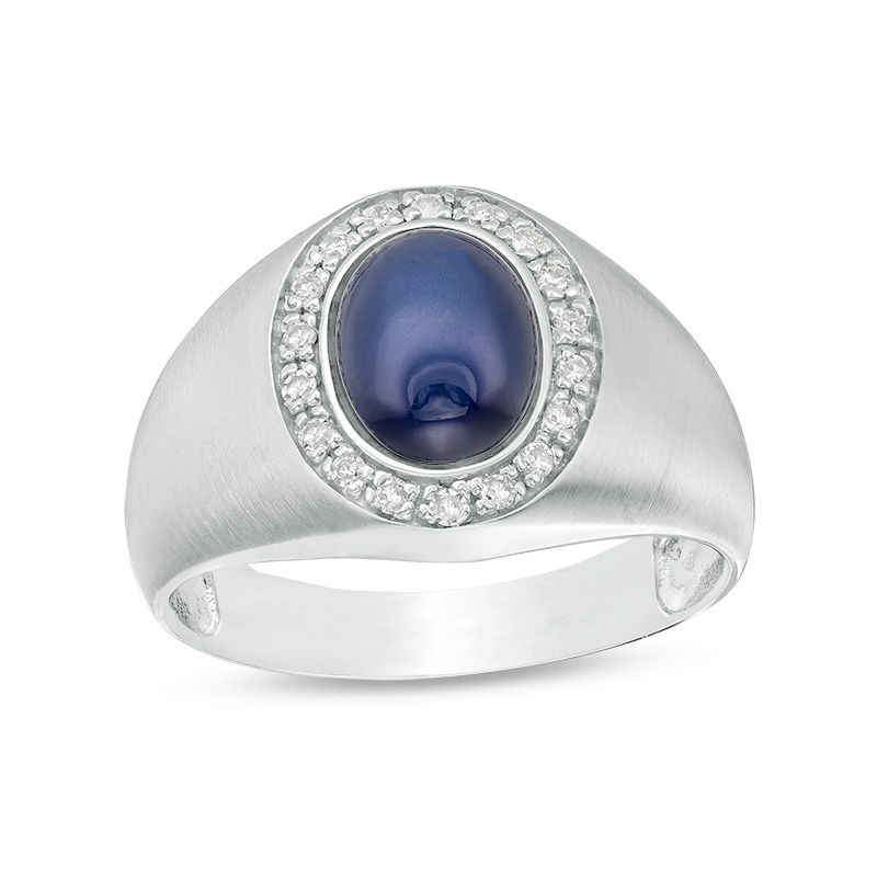 Men's Oval Lab-Created Star Blue Sapphire and 1/8 CT. T.W. Diamond Frame Signet Ring in 10K White Gold