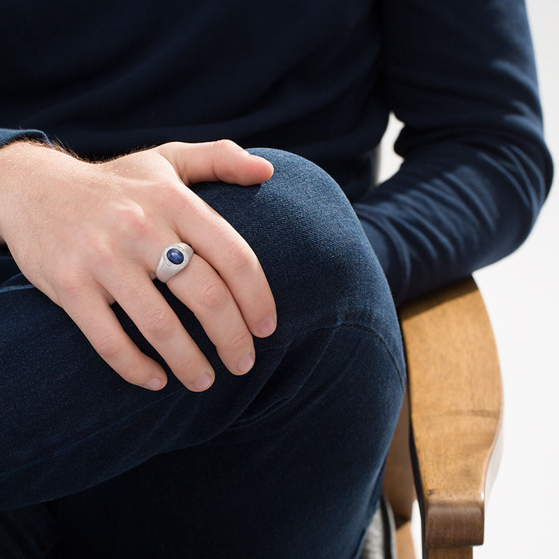 Men's Oval Lab-Created Star Blue Sapphire and 1/8 CT. T.W. Diamond Frame Signet Ring in 10K White Gold