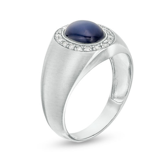 Oval Lab-Created Star Blue Sapphire and 1/8 CT. T.w. Diamond Frame Signet Ring in 10K White Gold