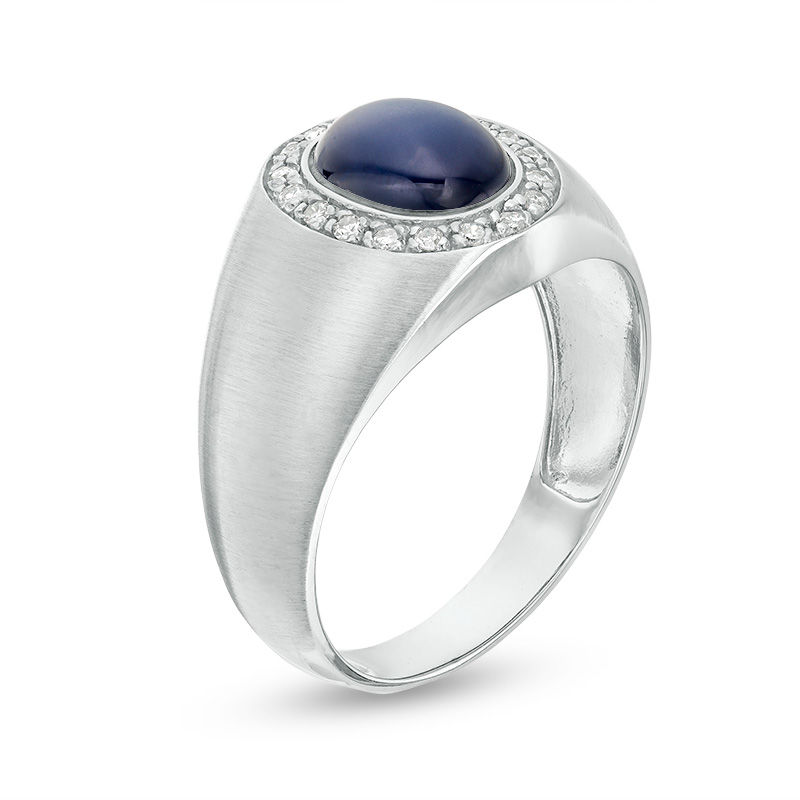 Men's Oval Lab-Created Star Blue Sapphire and 1/8 CT. T.W. Diamond Frame Signet Ring in 10K White Gold