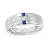 Thumbnail Image 0 of Men's Square-Cut Blue Sapphire and 1/15 CT. Diamond Linear Three Stone Ring in 10KWhite Gold