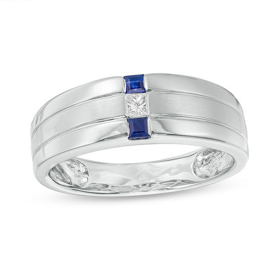 Men's Square-Cut Blue Sapphire and 1/15 CT. Diamond Linear Three Stone Ring in 10KWhite Gold Men's Square-Cut Blue Sapphire and 1/15 CT. Diamond Linear Three Stone Ring in 10KWhite Gold
