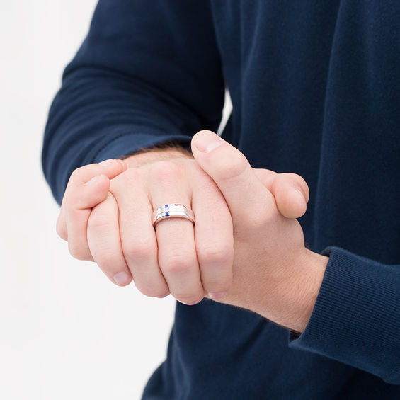 Men's Square-Cut Blue Sapphire and 1/15 CT. Diamond Linear Three Stone Ring in 10KWhite Gold Men's Square-Cut Blue Sapphire and 1/15 CT. Diamond Linear Three Stone Ring in 10KWhite Gold