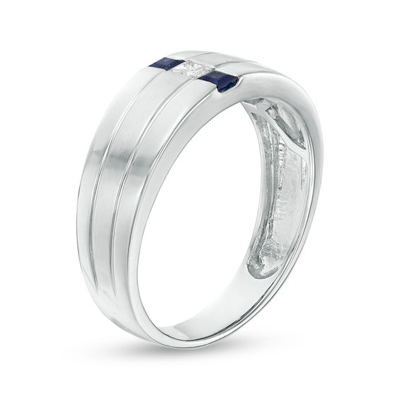 Square-Cut Blue Sapphire and 1/15 CT. Diamond Linear Three Stone Ring in 10KWhite Gold