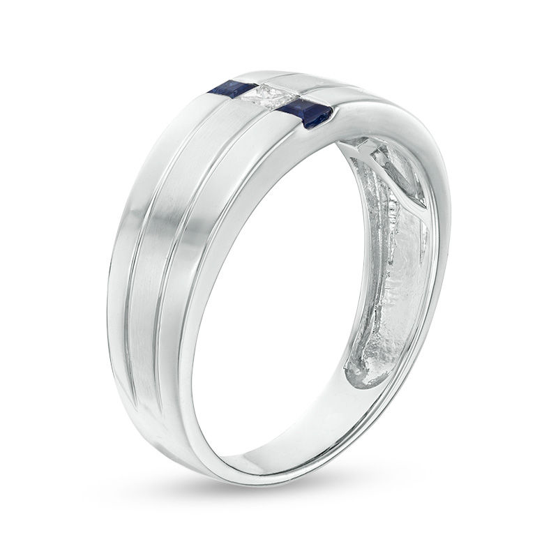 Men's Square-Cut Blue Sapphire and 1/15 CT. Diamond Linear Three Stone Ring in 10KWhite Gold