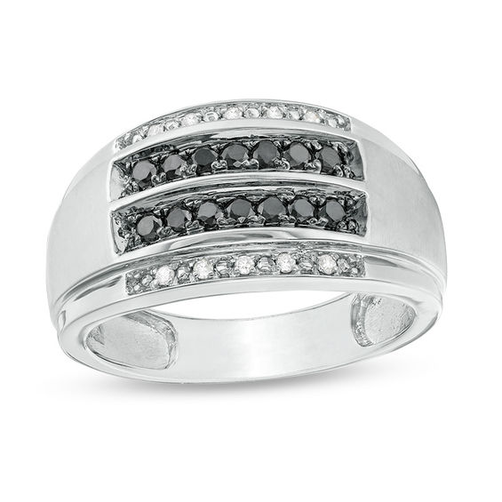 Men's 1/2 CT. T.W. Enhanced Black and White Diamond Beveled Edge Ring in 10K White Gold Men's 1/2 CT. T.W. Enhanced Black and White Diamond Beveled Edge Ring in 10K White Gold