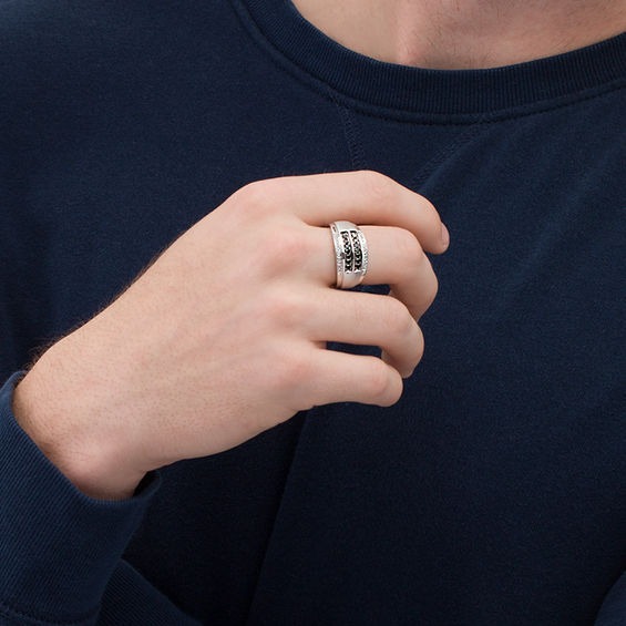 Men's 1/2 CT. T.W. Enhanced Black and White Diamond Beveled Edge Ring in 10K White Gold Men's 1/2 CT. T.W. Enhanced Black and White Diamond Beveled Edge Ring in 10K White Gold
