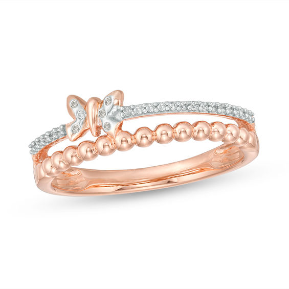 1/10 CT. T.w. Diamond and Beaded Butterfly Stacked Ring in 10K Rose Gold