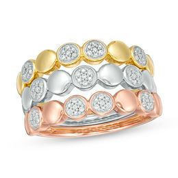 1/8 CT. T.W. Composite Diamond Circle Three Piece Stackable Band Set in Sterling Silver and 14K Two-Tone Gold Plate