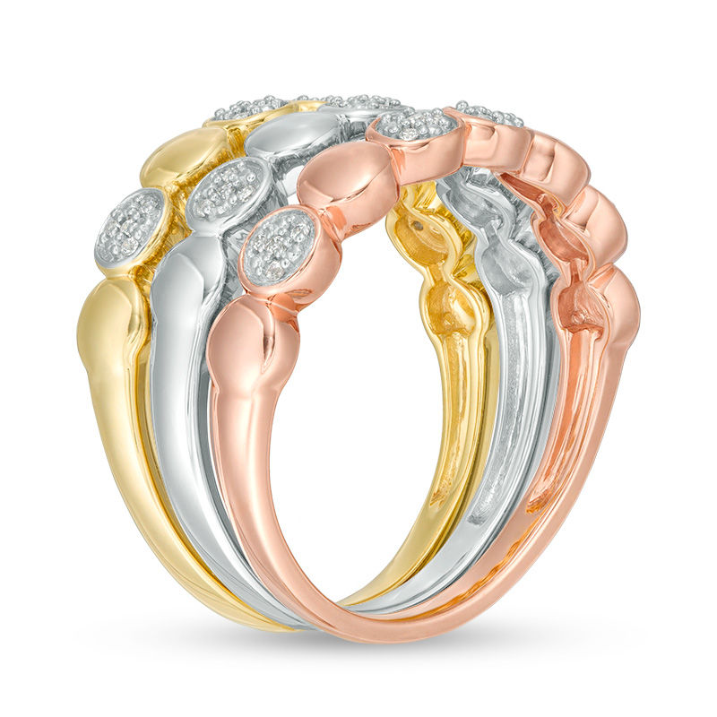 Main Image 3 of 1/8 CT. T.W. Composite Diamond Circle Three Piece Stackable Band Set in Sterling Silver and 14K Two-Tone Gold Plate