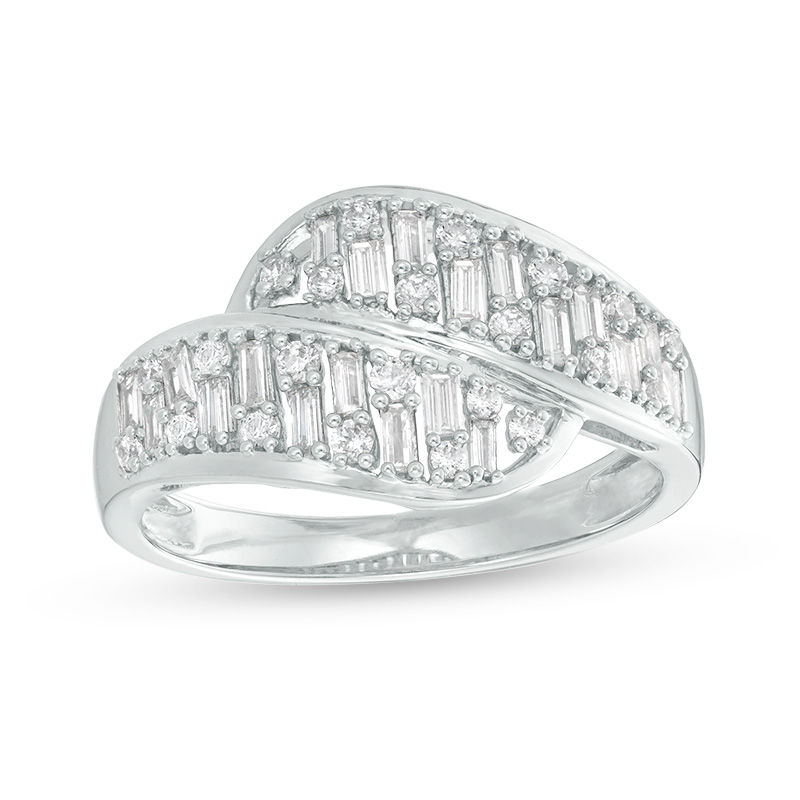 1/2 CT. T.W. Baguette and Round Diamond Alternating Vertical Bar Bypass Ring in 10K White Gold
