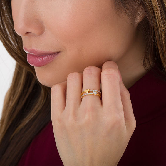 Diamond Accent Heart Open Shank Stacked Ring in Sterling Silver with 14K Gold Plate Diamond Accent Heart Open Shank Stacked Ring in Sterling Silver with 14K Gold Plate