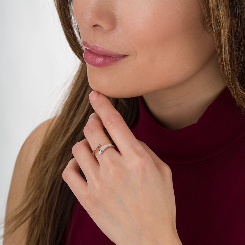 Main Image 2 of 1/10 CT. T.W. Champagne and White Diamond Snake Open Wrap Ring in 10K Rose Gold
