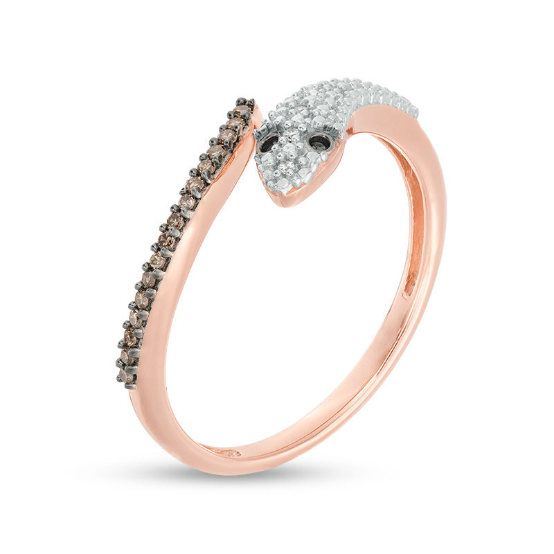 Main Image 3 of 1/10 CT. T.W. Champagne and White Diamond Snake Open Wrap Ring in 10K Rose Gold
