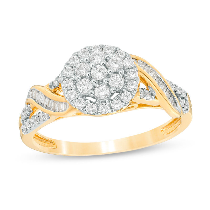 Main Image 1 of 1/2 CT. T.W. Composite Diamond Frame Ribbon Crossover Ring in 10K Gold