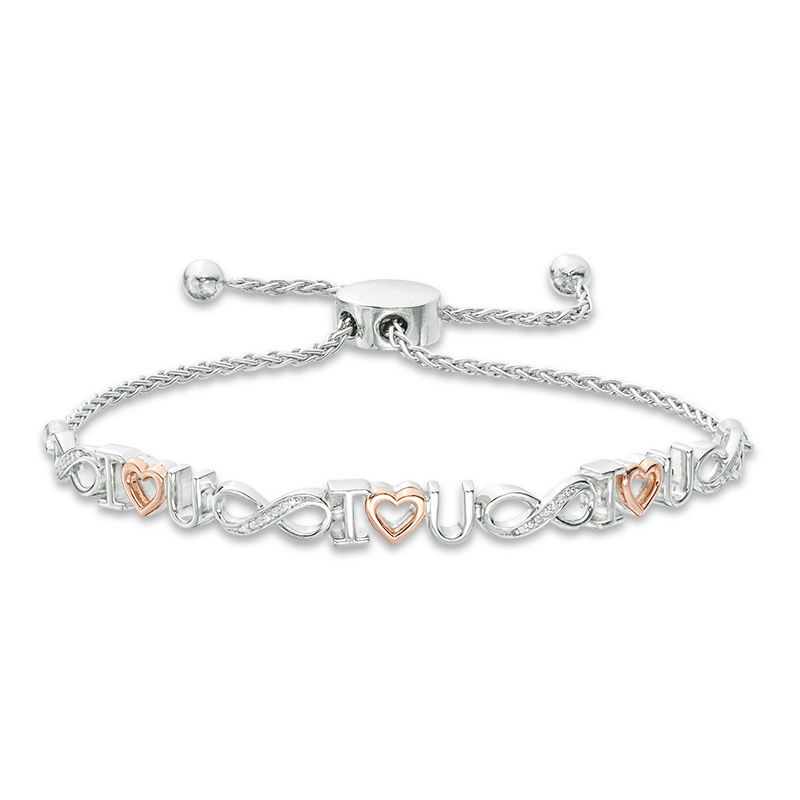 1/20 CT. T.W. Diamond "I Heart U" and Infinity Bolo Bracelet in Sterling Silver and 10K Rose Gold - 9.5"