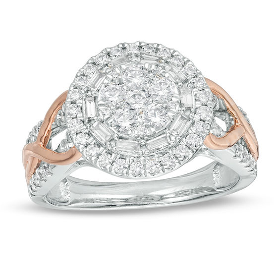 1 CT. T.W. Composite Diamond Double Frame Crossover Twist Shank Ring in 10K Two-Tone Gold 1 CT. T.W. Composite Diamond Double Frame Crossover Twist Shank Ring in 10K Two-Tone Gold