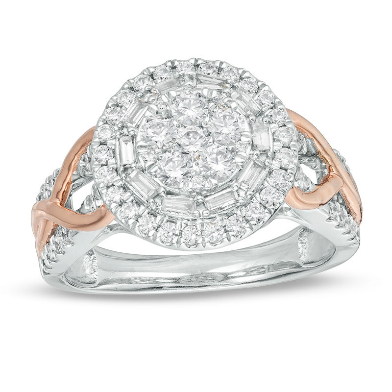 Main Image 1 of 1 CT. T.W. Composite Diamond Double Frame Crossover Twist Shank Ring in 10K Two-Tone Gold