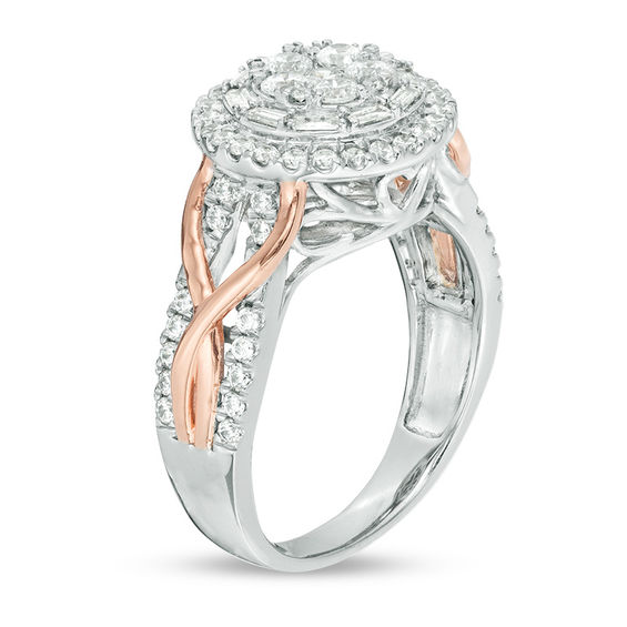1 CT. T.W. Composite Diamond Double Frame Crossover Twist Shank Ring in 10K Two-Tone Gold 1 CT. T.W. Composite Diamond Double Frame Crossover Twist Shank Ring in 10K Two-Tone Gold