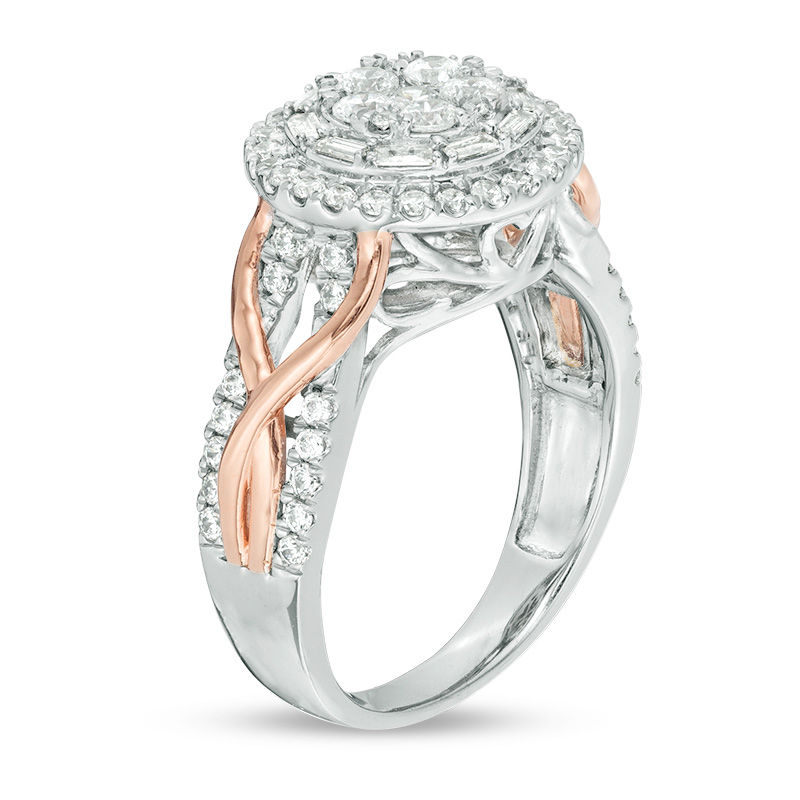 Main Image 3 of 1 CT. T.W. Composite Diamond Double Frame Crossover Twist Shank Ring in 10K Two-Tone Gold