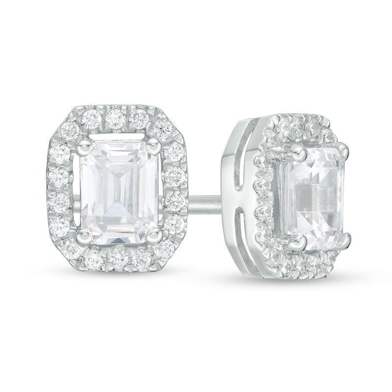 Main Image 1 of 1/2 CT. T.W. Certified Emerald-Cut Diamond Octagon Frame Stud Earrings in 14K White Gold (I/I1)