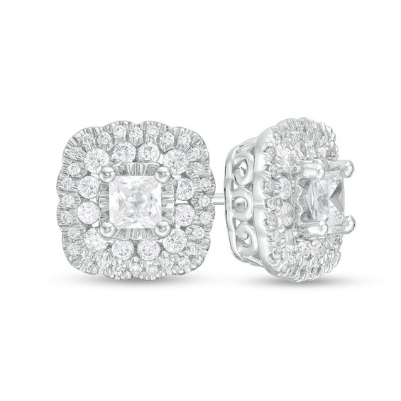1 CT. T.W. Certified Princess-Cut Diamond Scallop Frame Stud Earrings in 14K White Gold (I/I1) 1 CT. T.W. Certified Princess-Cut Diamond Scallop Frame Stud Earrings in 14K White Gold (I/I1)