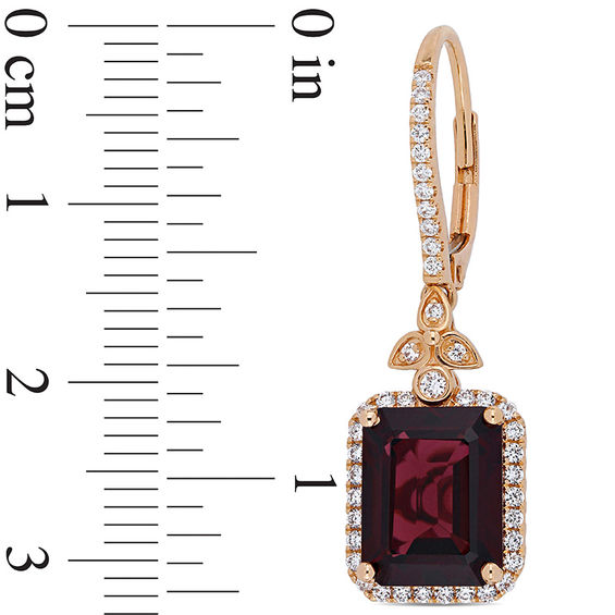 Emerald-Cut Rhodolite and 1/2 CT. T.W. Diamond Octagonal Frame Tri-Top Drop Earrings in 14K Rose Gold Emerald-Cut Rhodolite and 1/2 CT. T.W. Diamond Octagonal Frame Tri-Top Drop Earrings in 14K Rose Gold