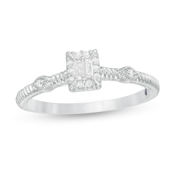 Cherished Promise Collectionâ¢ 1/10 CT. T.w. Baguette and Round Diamond Vintage-Style Promise Ring in 10K White Gold