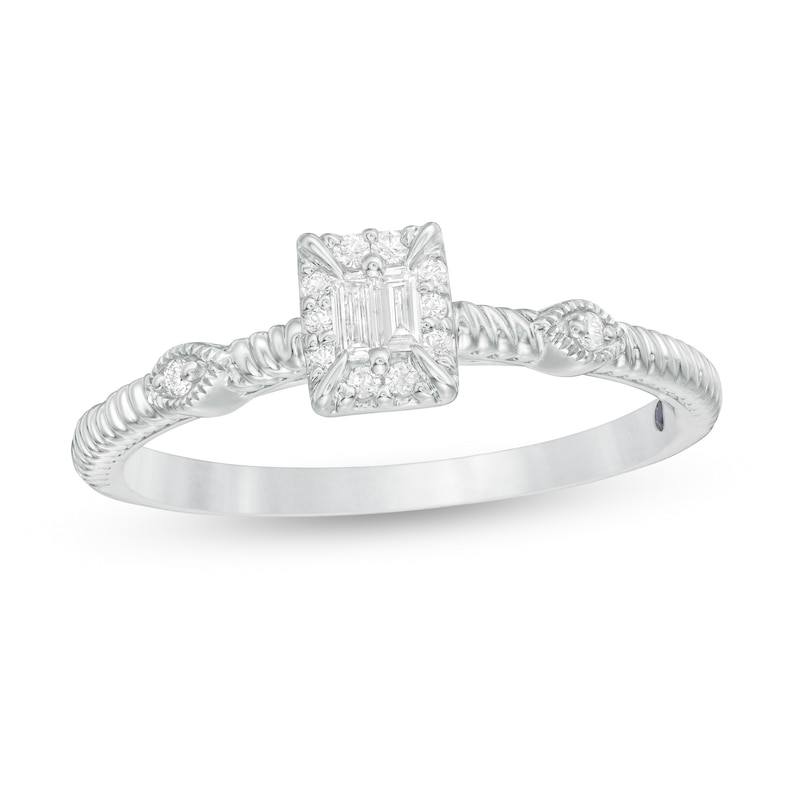 Main Image 1 of Cherished Promise Collection™ 1/10 CT. T.W. Baguette and Round Diamond Vintage-Style Promise Ring in 10K White Gold