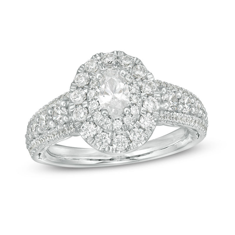Main Image 1 of Love's Destiny by Zales 1-1/2 CT. T.W. Certified Oval Diamond Frame Engagement Ring in 14K Two-Tone Gold (I/SI2)