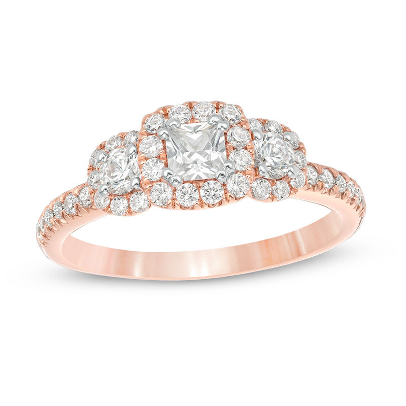 7/8 CT. T.W. Princess-Cut Diamond Past Present Future® Frame Engagement Ring in 14K Rose Gold