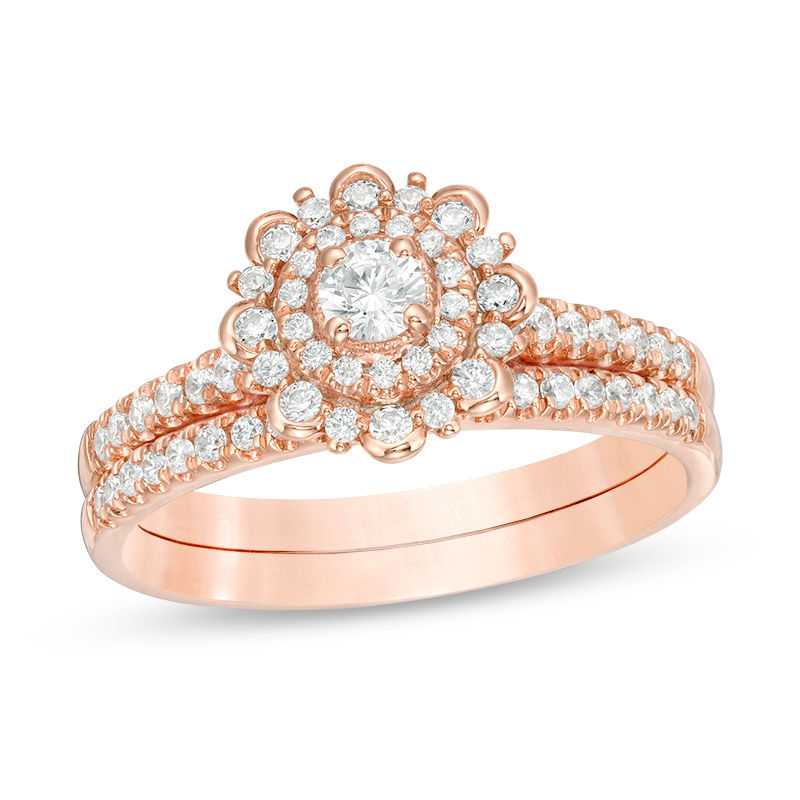 Main Image 1 of 1/2 CT. T.W. Diamond Flower Frame Bridal Set in 14K Rose Gold