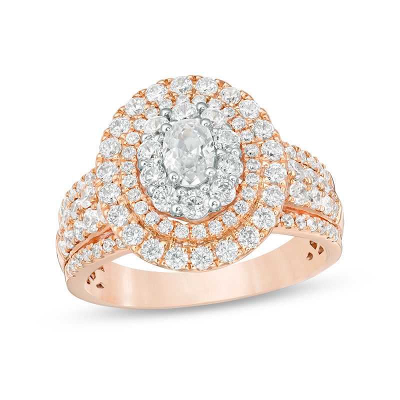 Main Image 1 of 1-1/2 CT. T.W. Certified Oval Diamond Triple Frame Engagement Ring in 14K Rose Gold (I/SI2)