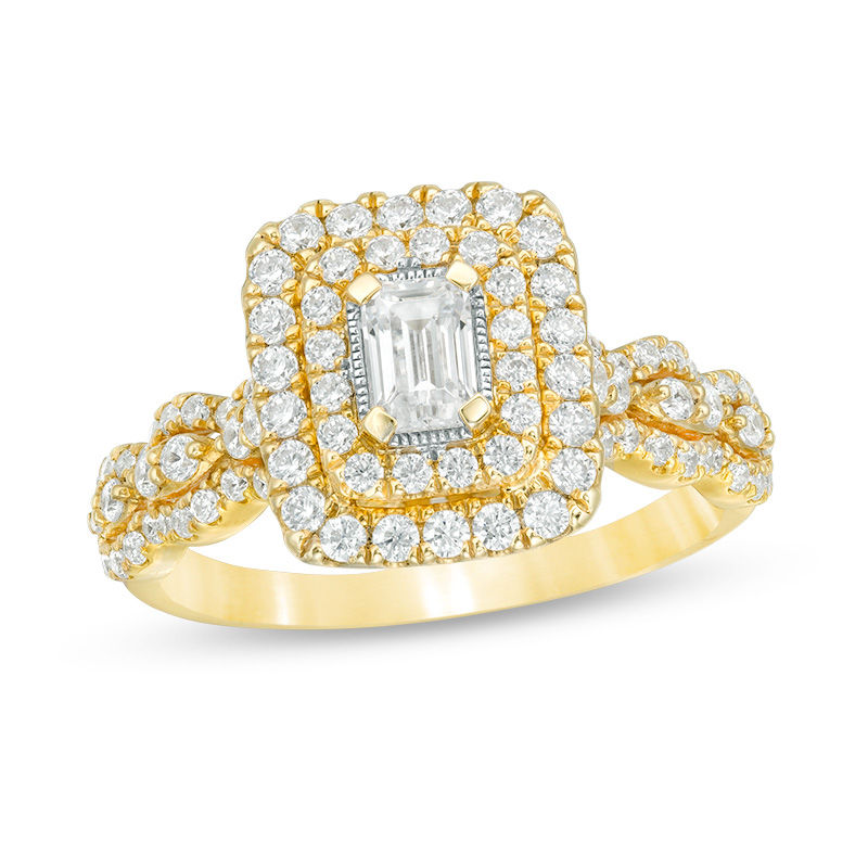 Main Image 1 of 1 CT. T.W. Certified Emerald-Cut Double Cushion Frame Engagement Ring in 14K Gold (I/SI2)
