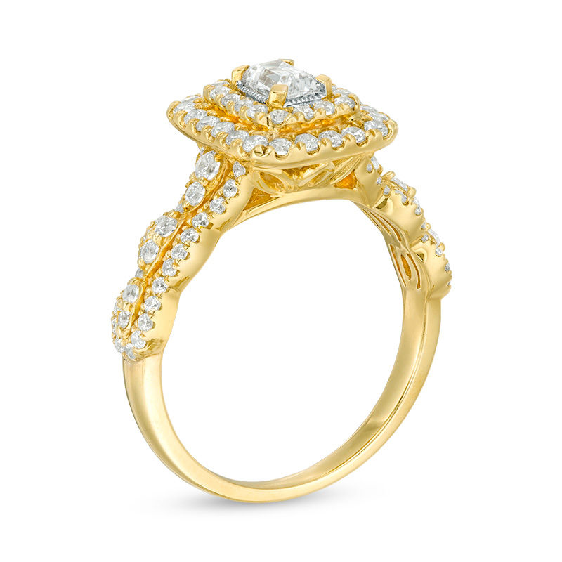 Main Image 3 of 1 CT. T.W. Certified Emerald-Cut Double Cushion Frame Engagement Ring in 14K Gold (I/SI2)
