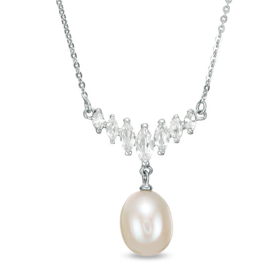 8.5 - 9.0mm Oval Cultured Freshwater Pearl Drop and Marquise White Topaz Graduated Necklace in Sterling Silver - 17" 8.5 - 9.0mm Oval Cultured Freshwater Pearl Drop and Marquise White Topaz Graduated Necklace in Sterling Silver - 17"