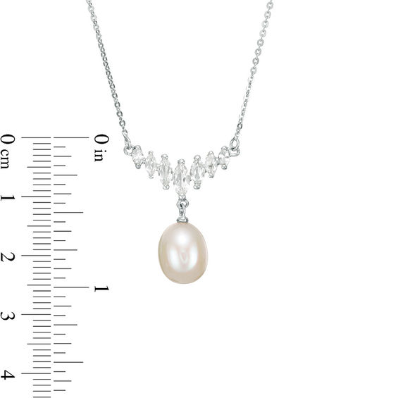 8.5 - 9.0mm Oval Cultured Freshwater Pearl Drop and Marquise White Topaz Graduated Necklace in Sterling Silver - 17" 8.5 - 9.0mm Oval Cultured Freshwater Pearl Drop and Marquise White Topaz Graduated Necklace in Sterling Silver - 17"