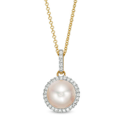 8.0 - 8.5mm Cultured Akoya Pearl and 1/8 CT. T.W. Diamond Frame Drop  Pendant in 14K Gold
