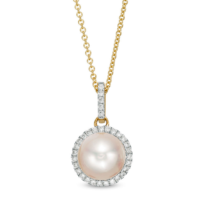 Main Image 1 of 8.0-8.5mm Akoya Cultured Pearl and 1/8 CT. T.W. Diamond Frame Drop Pendant in 14K Gold