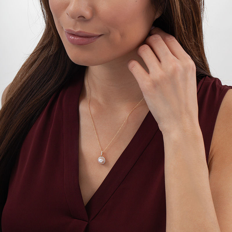 Main Image 2 of 8.0-8.5mm Akoya Cultured Pearl and 1/8 CT. T.W. Diamond Frame Drop Pendant in 14K Gold
