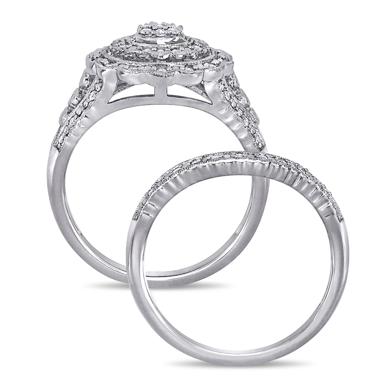 1/4 CT. T.W. Composite Diamond Vintage-Style Scallop Frame Bridal Set in Sterling Silver