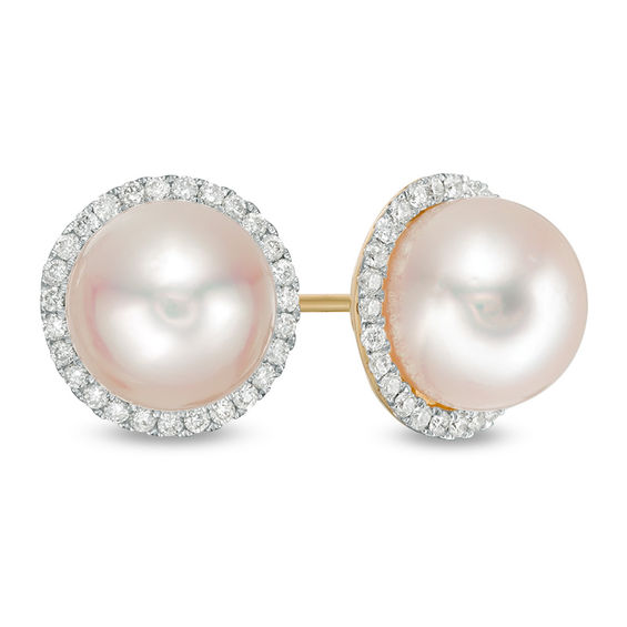 8.0 - 8.5mm Cultured Akoya Pearl and 1/4 CT. T.W. Diamond Frame Stud ...